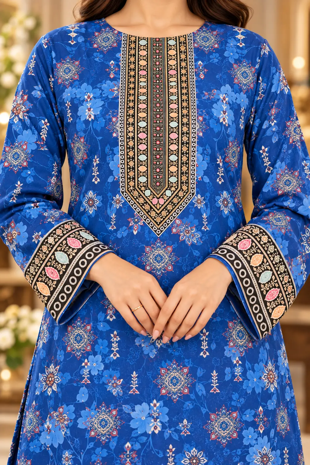 Premium Royal Blue Floral Elegance | 100% Cotton 3-Piece thumbnail 3