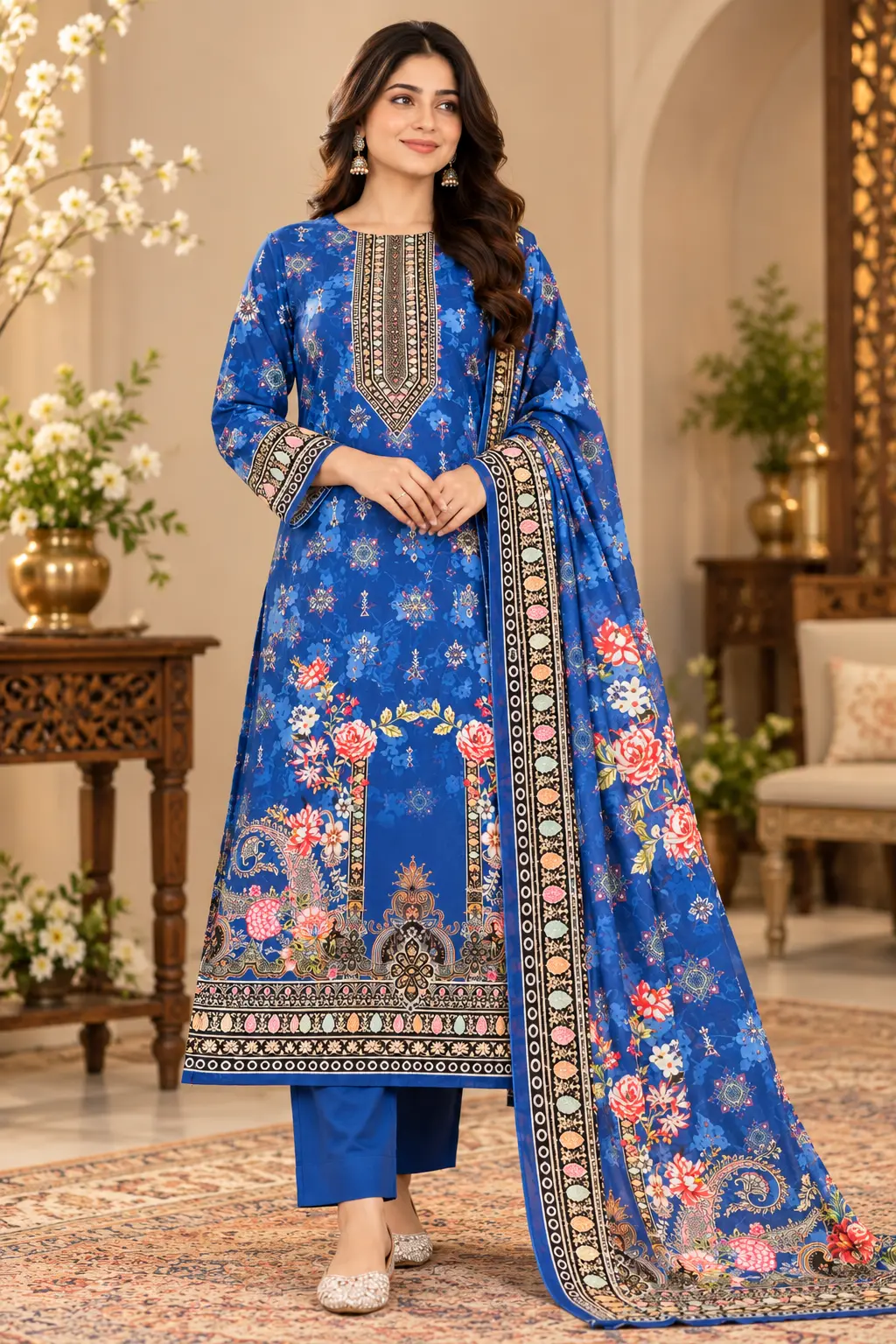 Premium Royal Blue Floral Elegance | 100% Cotton 3-Piece