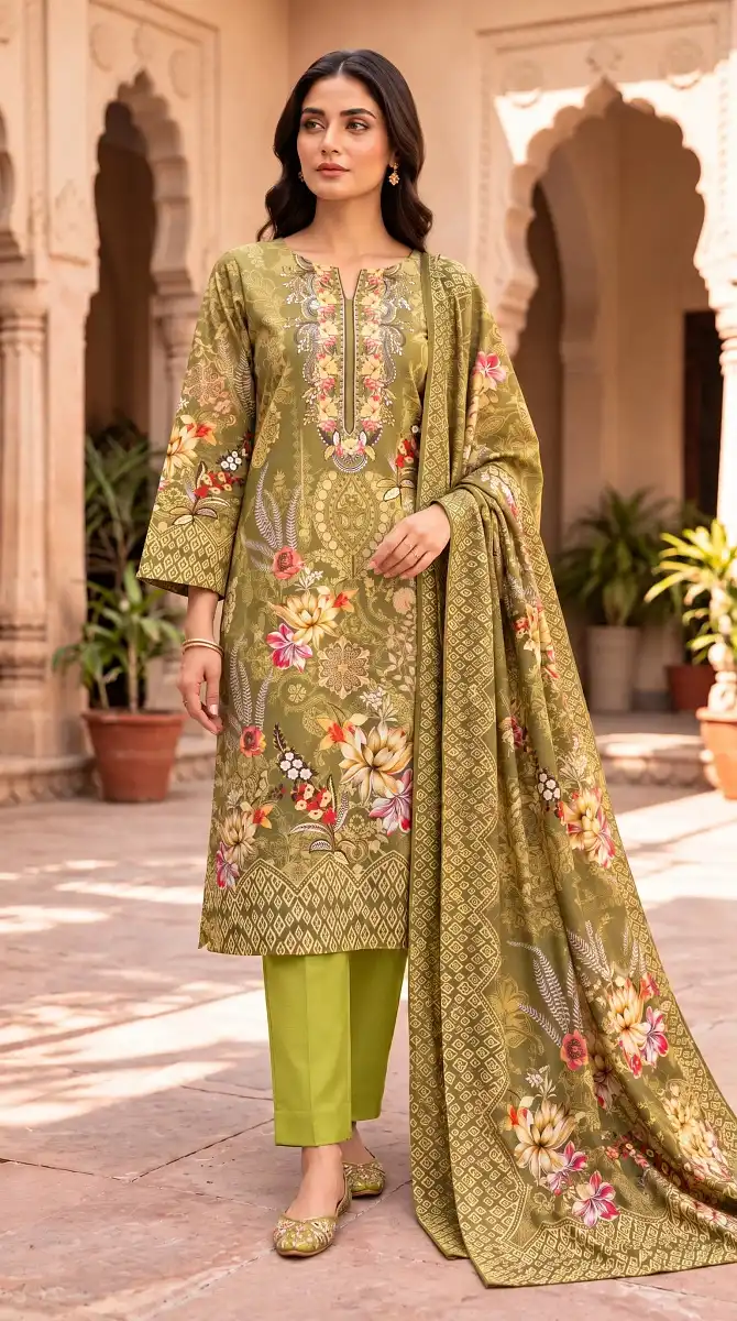 Premium Olive Bloom | Unstitched 3-Piece - view 1