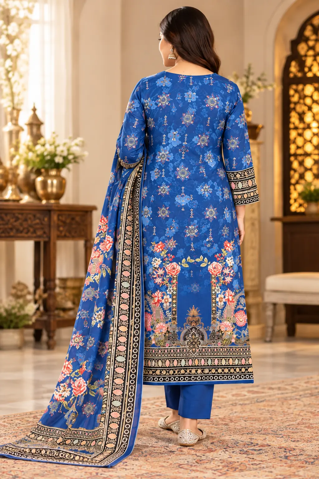 Premium Royal Blue Floral Elegance | 100% Cotton 3-Piece thumbnail 2