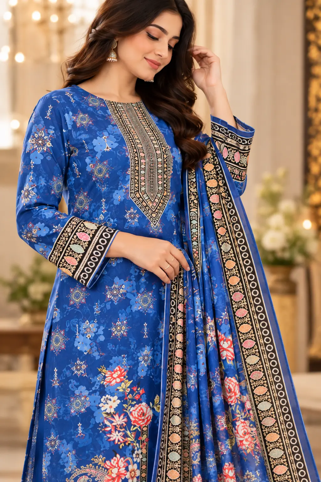 Premium Royal Blue Floral Elegance | 100% Cotton 3-Piece thumbnail 4