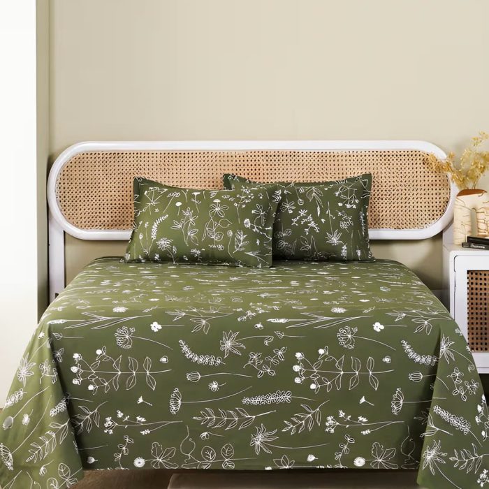 Olive Green Floral Cotton Bed Cover Set