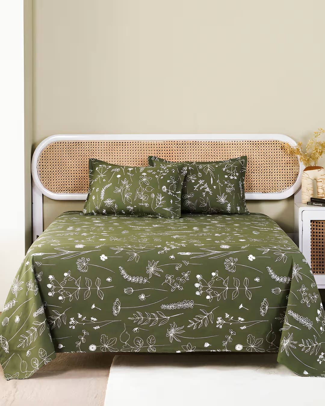 Olive Green Floral Cotton Bed Cover Set