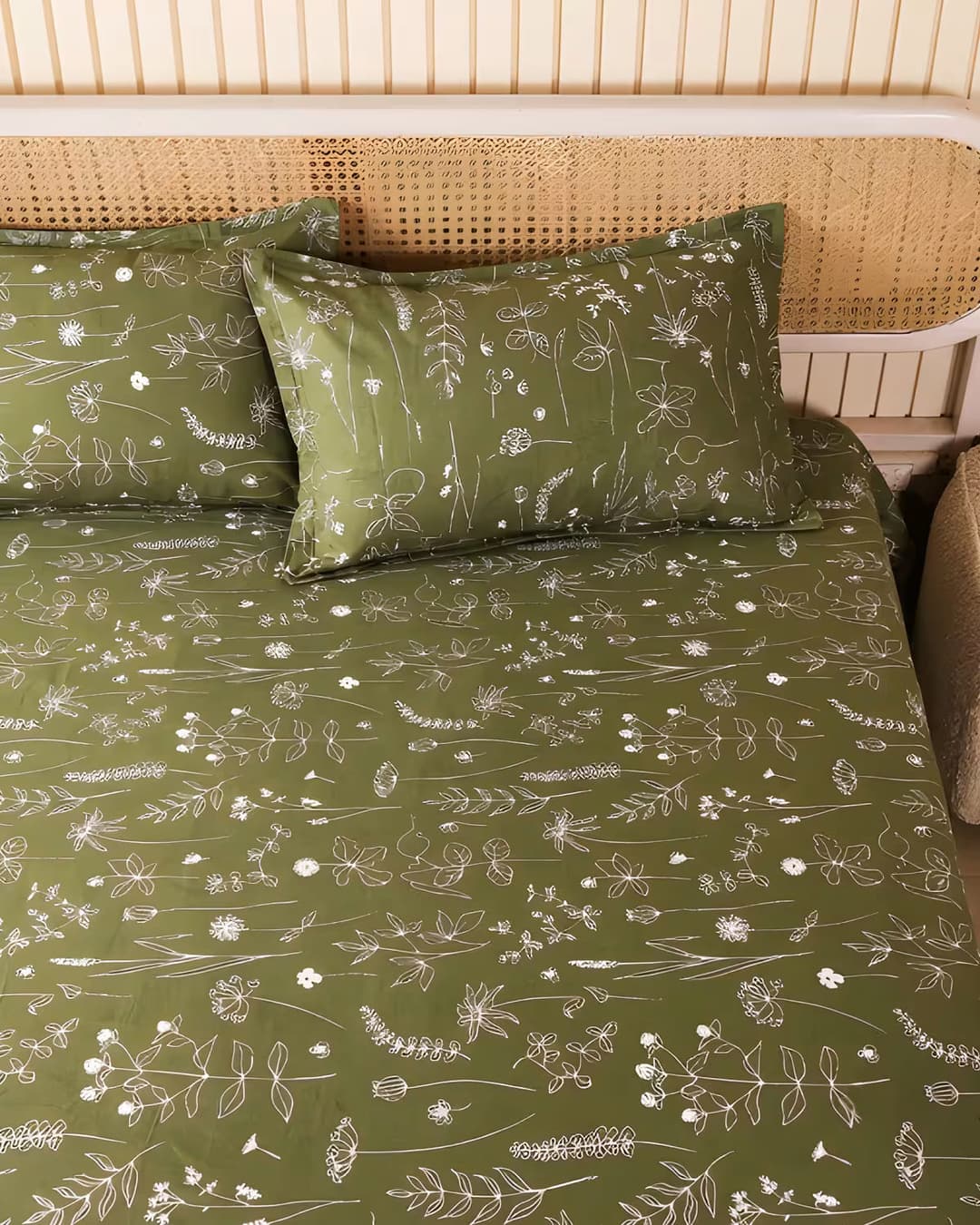 Olive Green Floral Cotton Bed Cover Set - Image 4