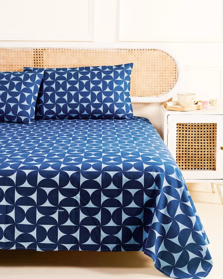 Indigo Blue Geometric Cotton Bed Cover Set - Image 2