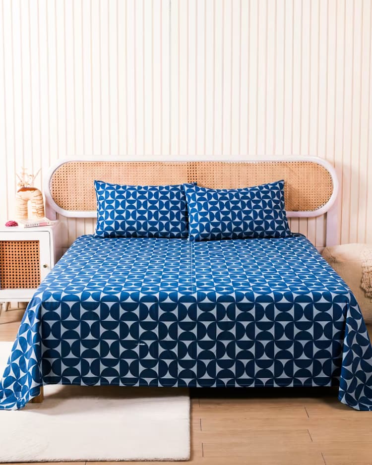 Indigo Blue Geometric Cotton Bed Cover Set