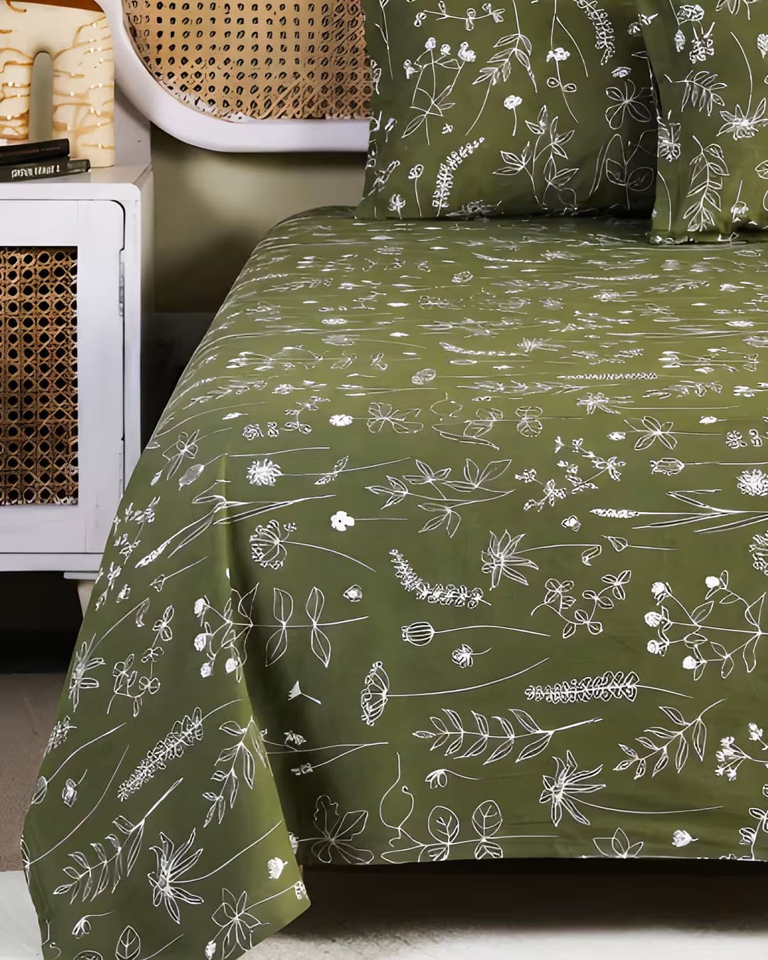 Olive Green Floral Cotton Bed Cover Set - Image 2